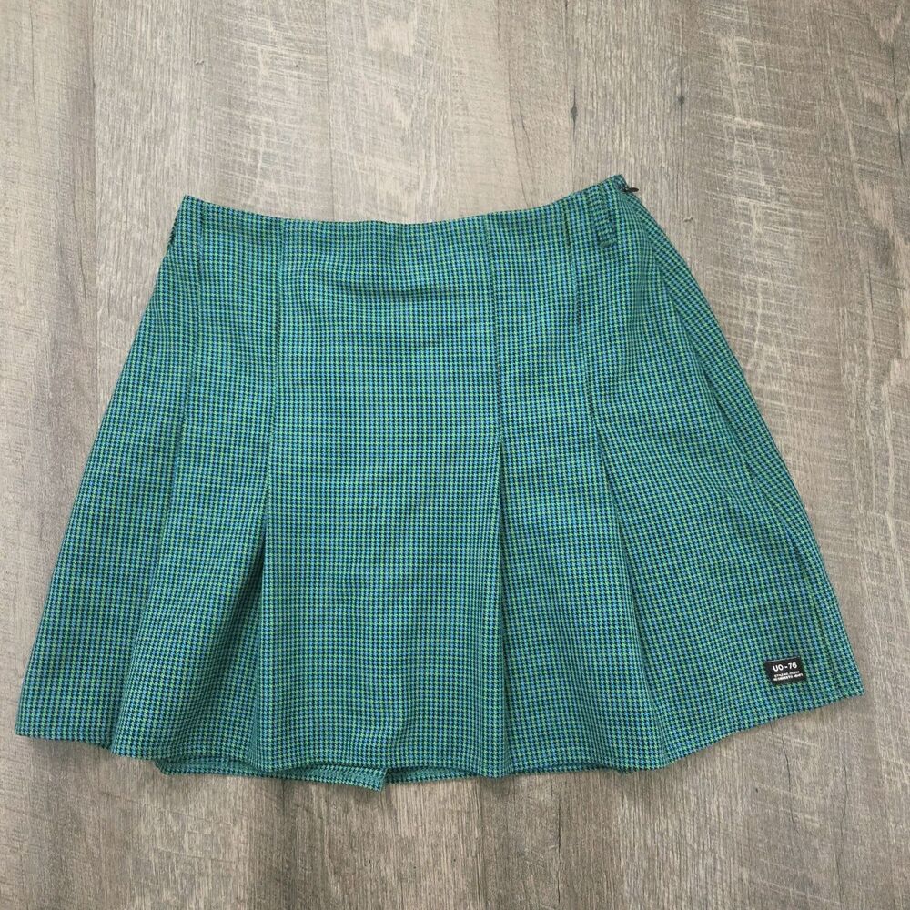 Urban Outfitters Pleated Mini Skirt Size Medium Green Blue Houndstooth Plaid Y2K